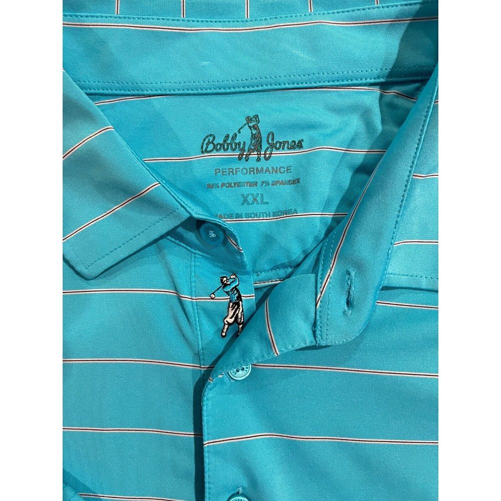 Bobby Jones Polo Shirt Men 2XL Teal Striped Golf Performance Hi-Low Slit Popover